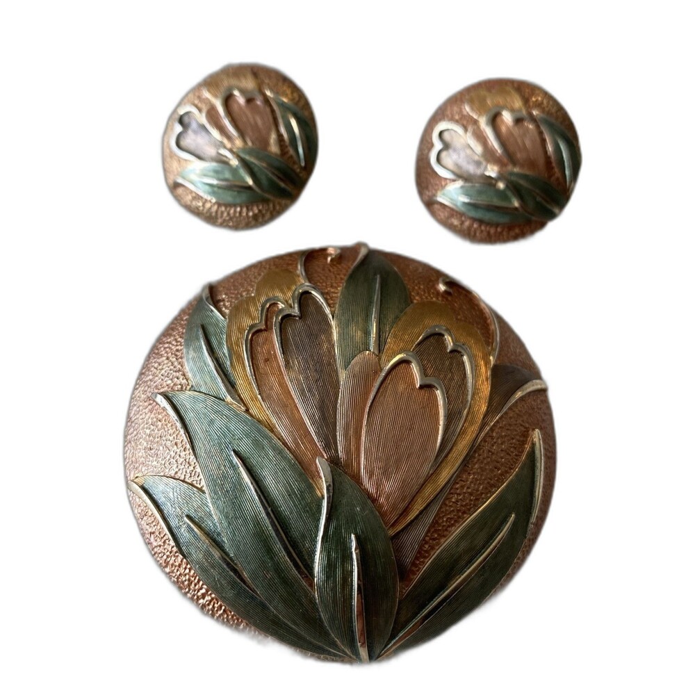 Park Lane Enamel Copper Pink Domed Round Gold Tone Clip On Earrings Brooch Vtg
